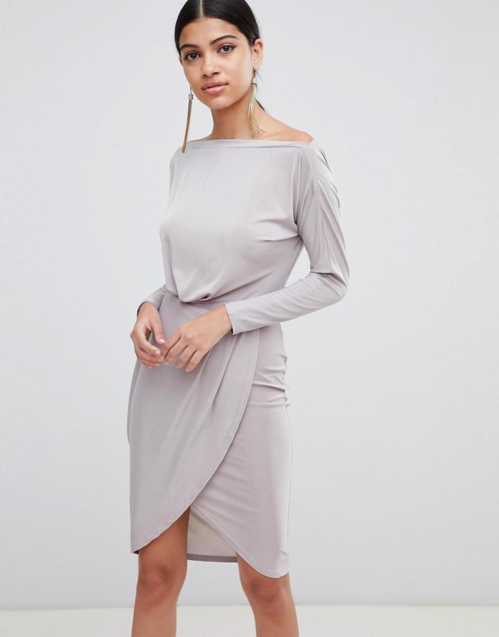 Ax Paris Long Sleeve Wrap Front Dress - Silver
