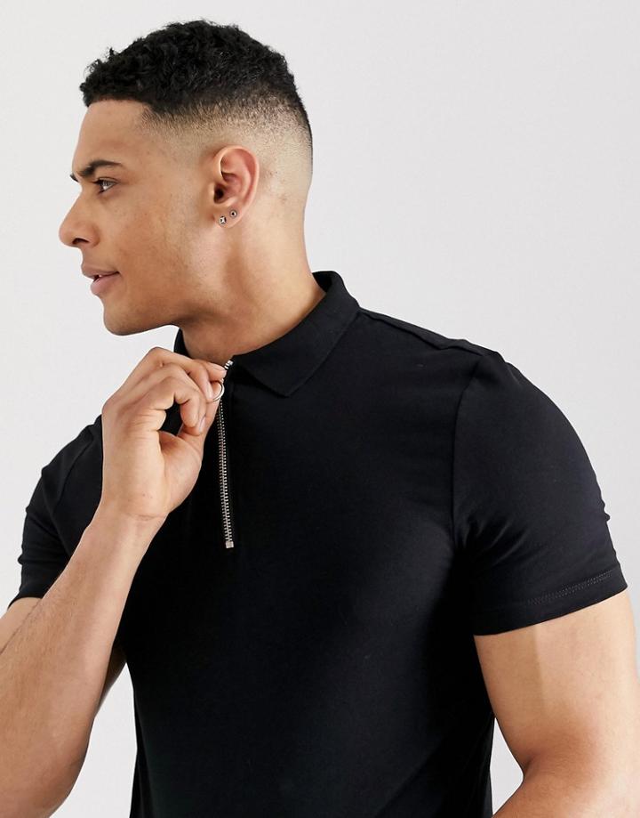 Asos Design Organic Muscle Polo With Zip Neck In Black - Black