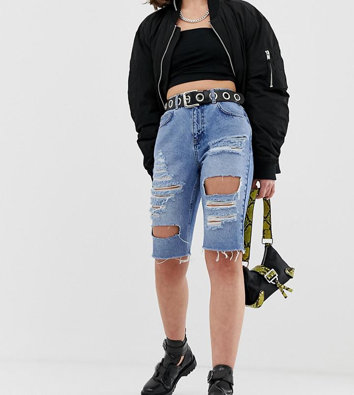 Reclaimed Vintage Inspired Longer Length Short In Light Stone Wash With Extreme Rips-blue