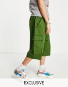 Collusion Unisex Low Rise Baggy Fit Cargo Shorts In Khaki-green