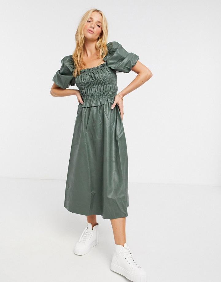 Asos Design Leather Look Shirred Midi Dress With Puff Sleeves In Khaki-green