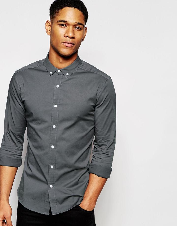 Asos Skinny Shirt In Grey Twill With Long Sleeves - Gray