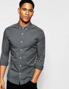 Asos Skinny Shirt In Grey Twill With Long Sleeves - Gray