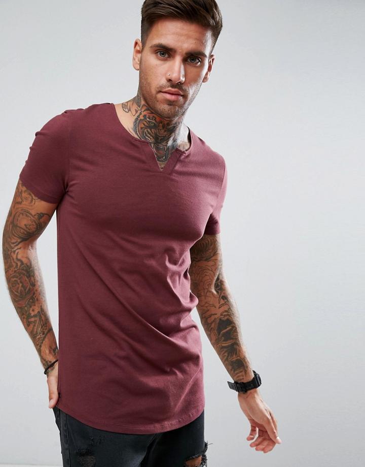 Asos Longline Muscle Fit T-shirt With Notch Neck And Curved Hem - Red