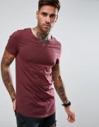 Asos Longline Muscle Fit T-shirt With Notch Neck And Curved Hem - Red