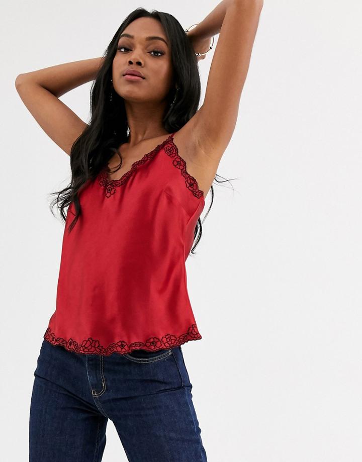 Asos Design Satin Cami With Floral Embroidery