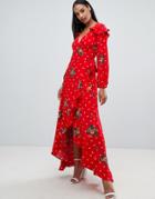 Boohoo Ruffle Wrap Maxi Dress In Floral And Polka Dot - Multi