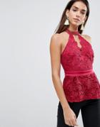 Lipsy Lace Peplum Top With Choker Detail - Red