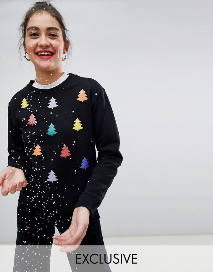 Monki Xmas Sweater With Rainbow Xmas Trees In Black