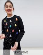 Monki Xmas Sweater With Rainbow Xmas Trees In Black