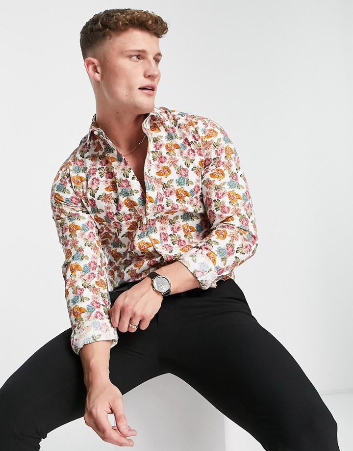 Harry Brown Autumnal Floral Print Slim Fit Shirt-white