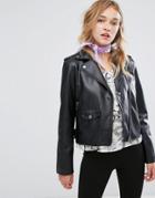 Monki Leather Look Biker Jacket - Black