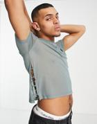Asos Design Skinny Crop T-shirt In Gray Mesh With Hardware Cut Outs - Gray
