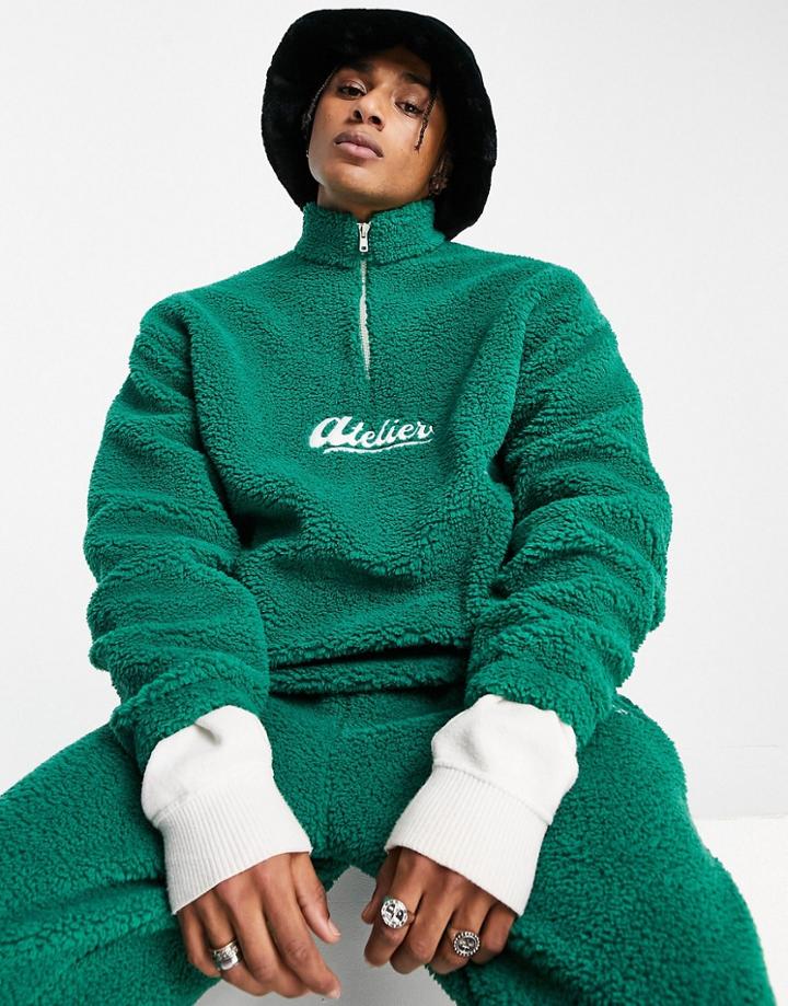 Asos Design Oversized Half Zip Sweatshirt In Green Teddy With Collegiate Embroidery - Part Of A Set