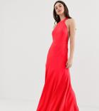 Asos Design Tall Maxi Dress In Crepe With High Neck And Fishtail Hem - Red