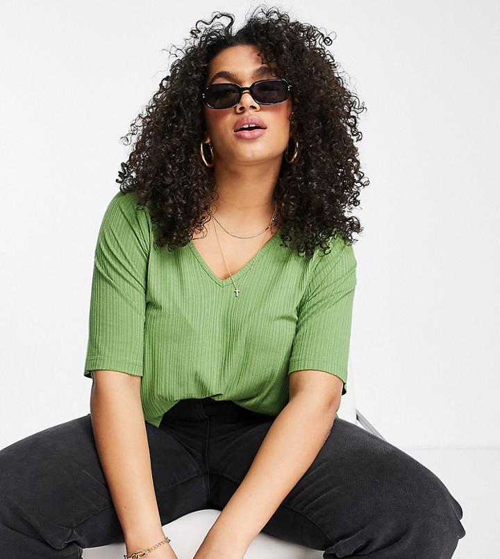 Asos Design Curve Oversized Ribbed V-neck T-shirt In Khaki-green