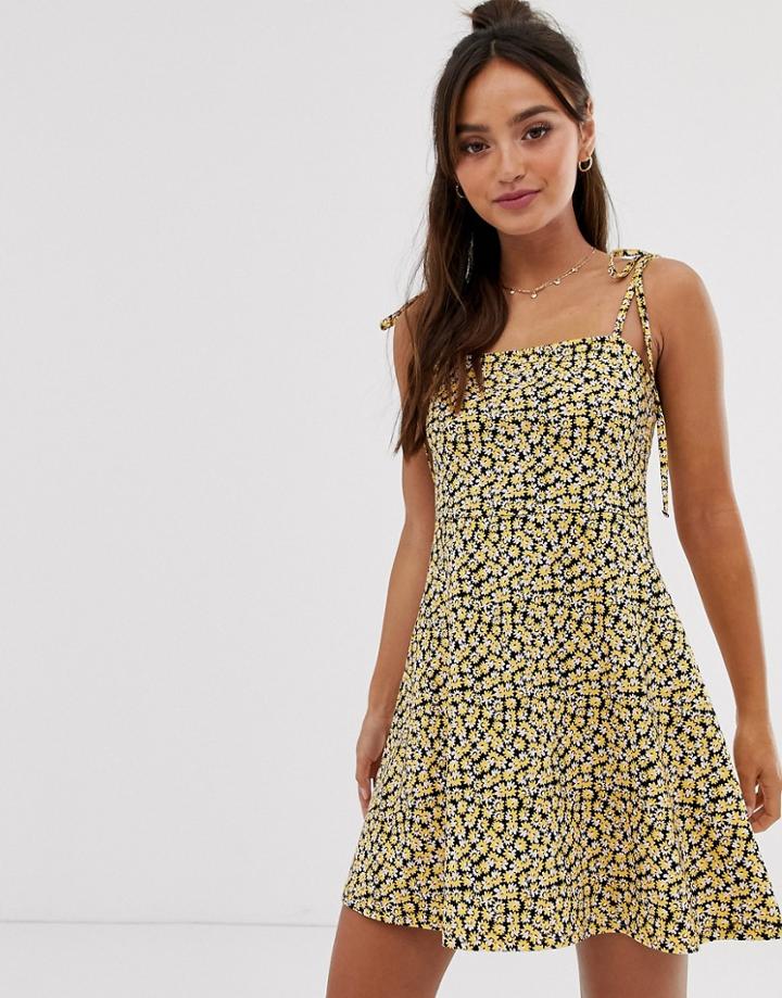 Asos Design Mini Square Neck Dress With Tie Straps In Ditsy Print - Multi