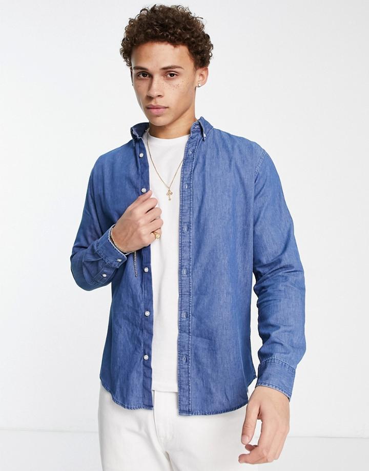 Jack & Jones Long Sleeve Denim Shirt In Light Blue