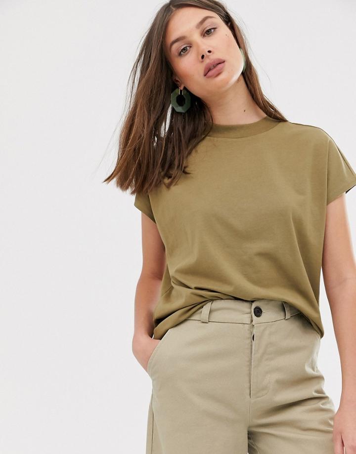 Weekday High Neck Tee In Khaki Green
