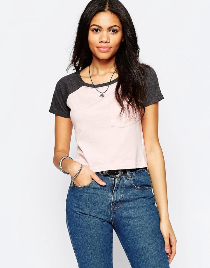 Brave Soul Cropped T-shirt With Contrast Sleeve & Front Pocket - Pink