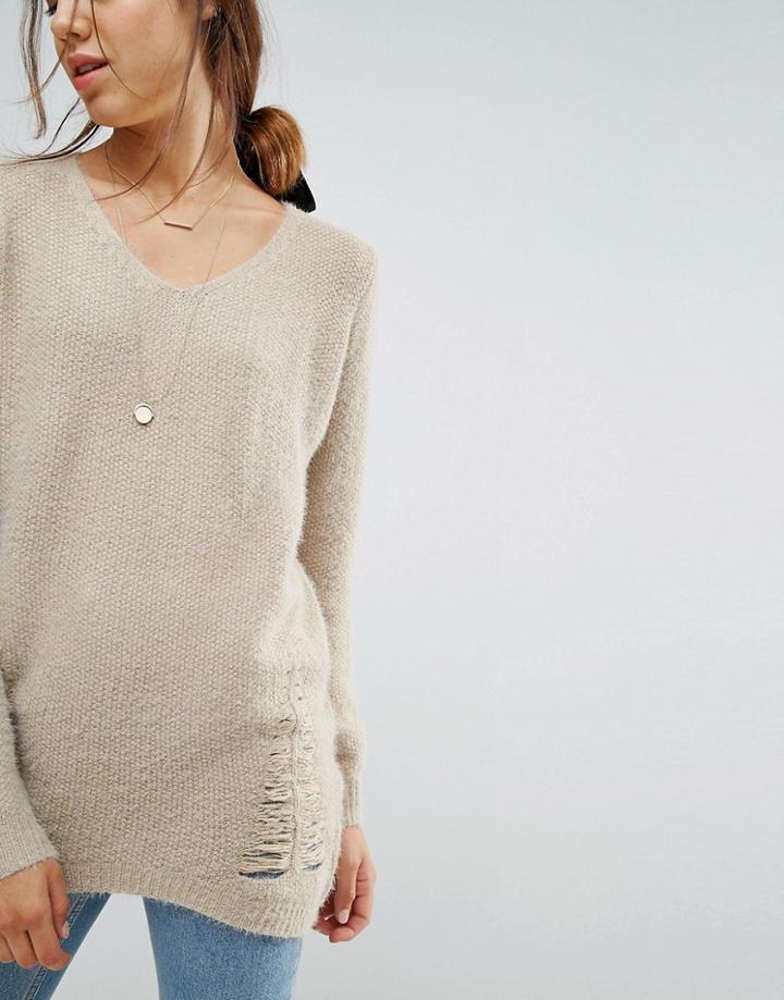 Wild Flower V Neck Distressed Sweater - Beige