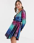 Collective The Label Allover Ombre Sequin Long Sleeve Mini Dress In Fuchsia And Teal-multi