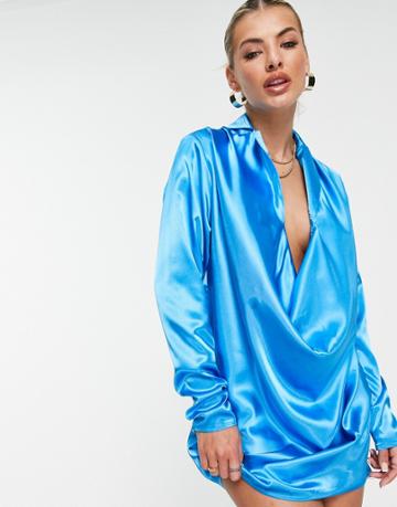 Public Desire Cowl Neck Satin Mini Dress In Blue-blues