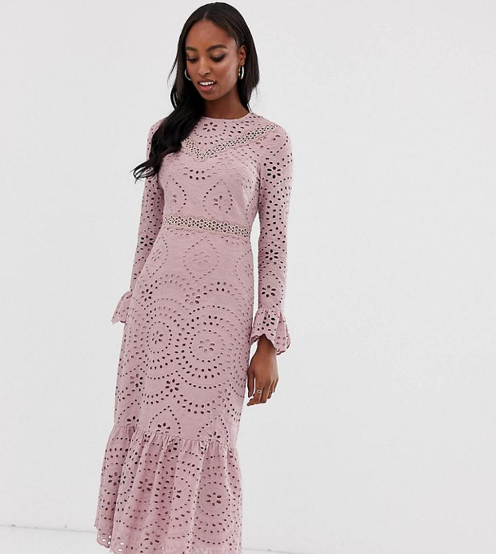 Asos Design Tall Premium Broderie Maxi Dress With Pep Hem And Fluted Sleeves-pink