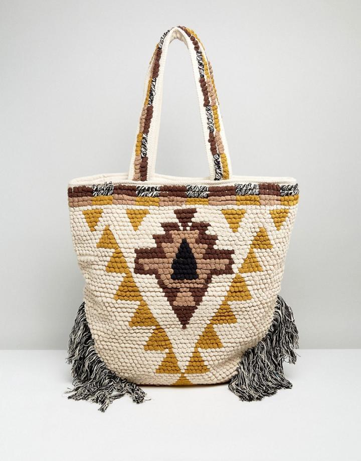 Raga Laguna Fringe Tote Beach Bag - Beige