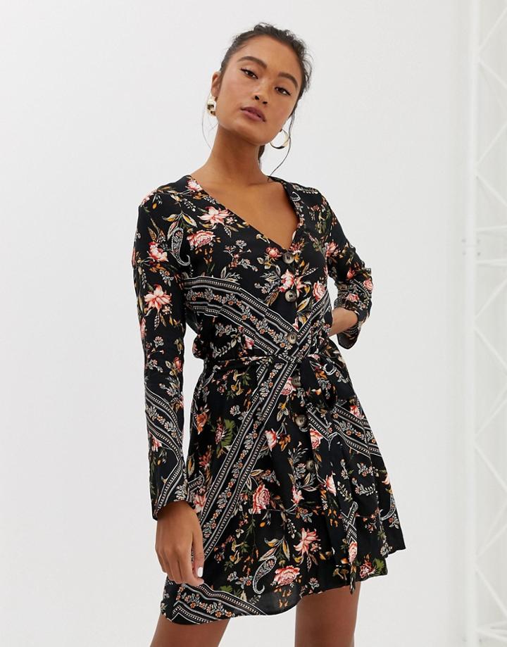 Miss Selfridge Button Through Mini Dress In Scarf Print - Multi