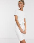 Asos Design Tie Front Textured Mini Dress In Waffle In White