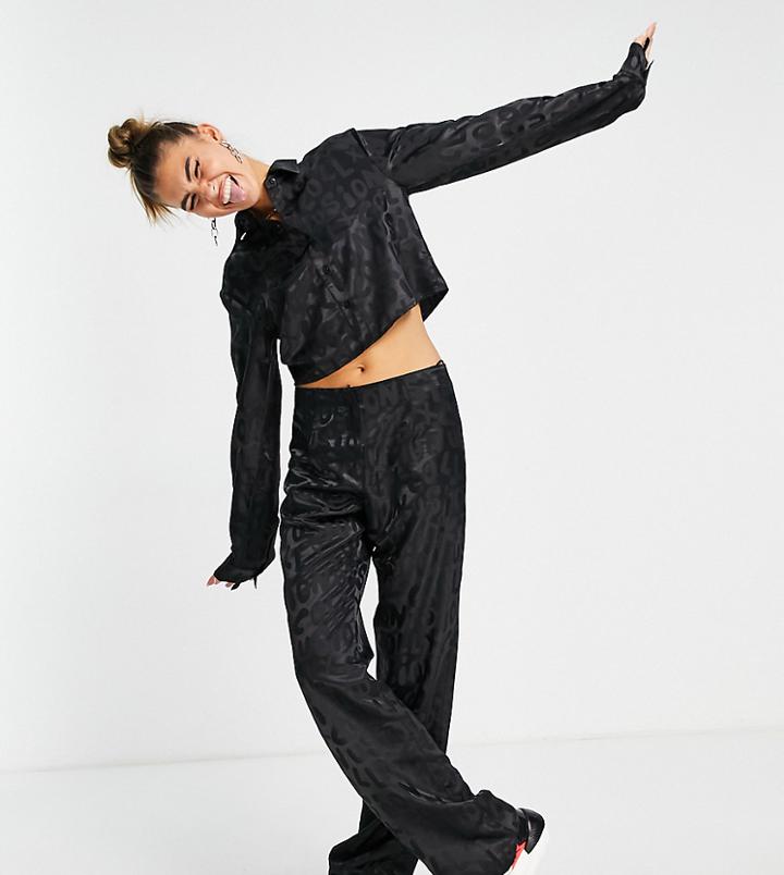 Collusion Satin Branded Jacquard Low Rise Wide Leg Pants In Black - Part Of A Set-pink