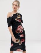 Asos Design Pleated Shoulder Pencil Dress In Smokey Floral-multi