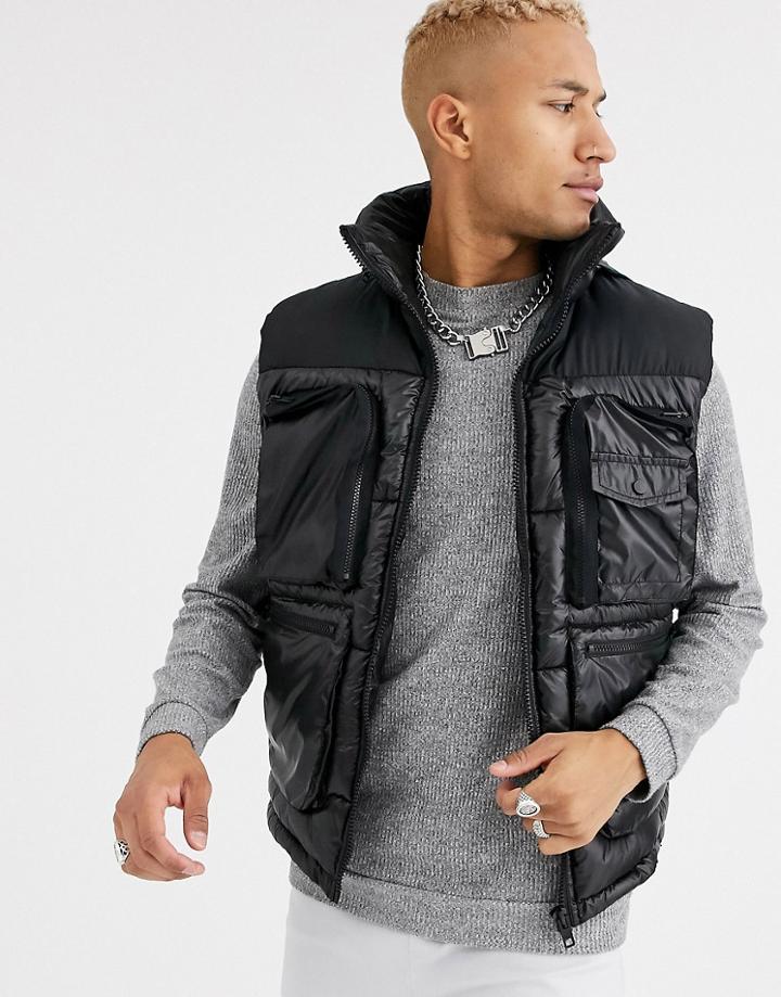 Asos Design Puffer Vest In Black With Multi Pockets