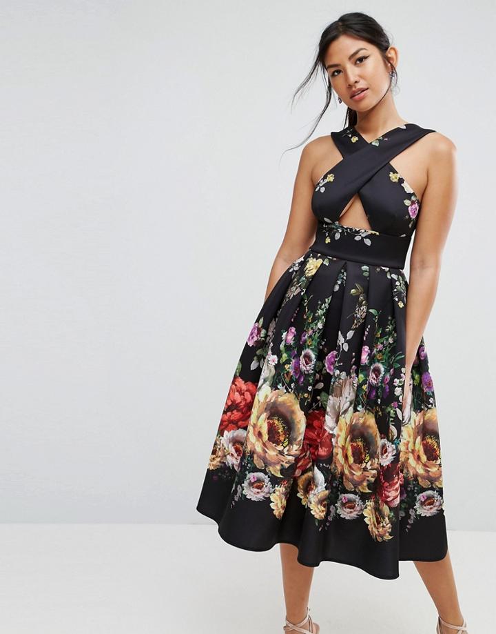 Asos Floral Cross Front Midi Prom Dress - Multi