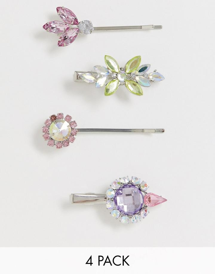 Asos Design Pack Of 4 Hair Clips With Color Crystal And Jewels In Silver Tone