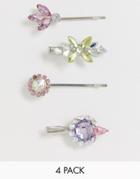 Asos Design Pack Of 4 Hair Clips With Color Crystal And Jewels In Silver Tone