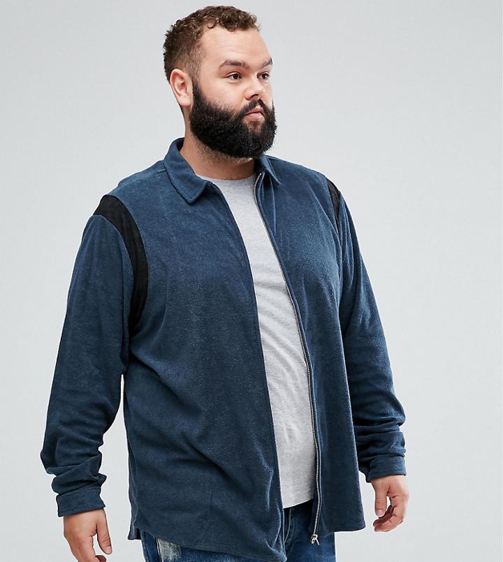Asos Plus Regular Fit Zip Through Towelling Shirt In Navy - Navy