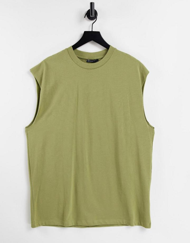 Asos Design Oversized Sleeveless T-shirt In Khaki-green