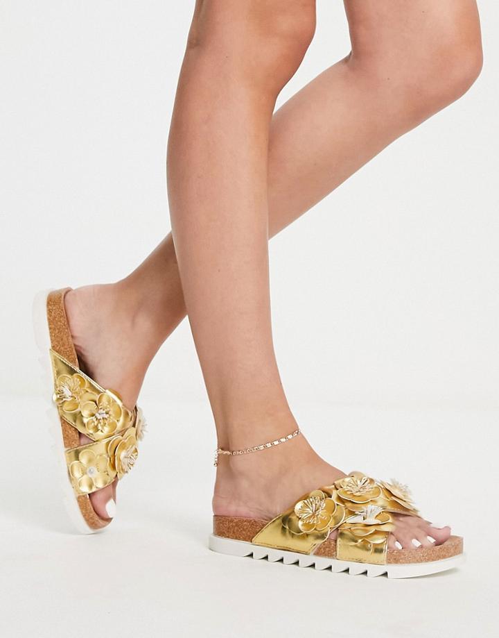 Asos Design Figgy Cross Strap Floral Flat Sandals In Gold