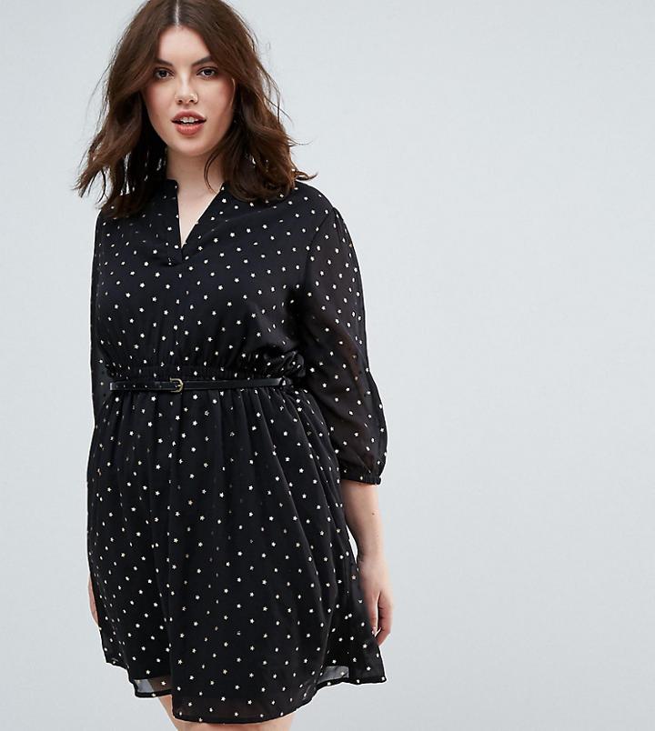 Yumi Plus Dress In Foil Star Print With Studded Belt - Black