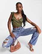 Love & Other Things Off Shoulder V Neck Top In Dark Khaki - Part Of A Set-green