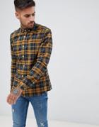 Asos Design Stretch Slim Check Shirt In Navy & Mustard - Yellow