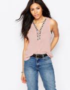 Daisy Street Tank With Tassel Tie And Embroidered Trim - Pink