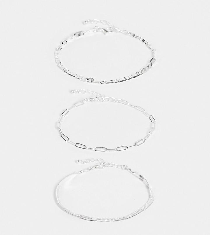 Asos Design Pack Of 3 Silver Plated Fine Bracelets In Mixed Chain In Silver Tone
