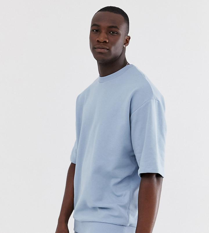 Asos Design Tall Oversized Short Sleeve Sweatshirt In Blue