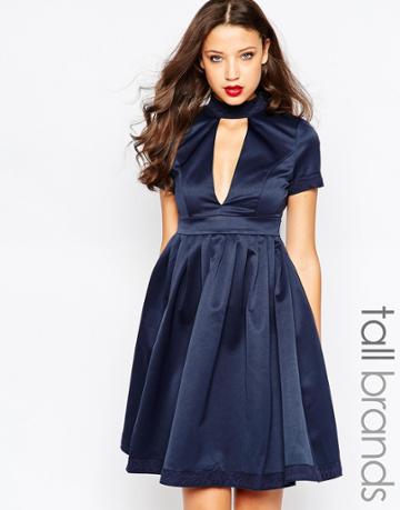 Studio 75 Tall Minnie Skater Dress With Plunge Neck - Navy