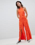 Nobody's Child High Neck Cami Jumpsuit With Split Legs In Jacquard - Red