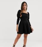 Asos Design Petite Mini Skater Dress With Shoulder Puff-black
