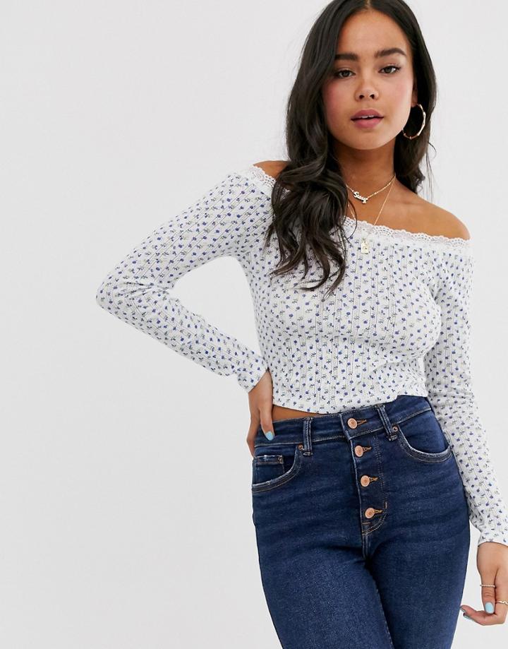 Asos Design Bardot Top In With Rib Ditsy Print - White